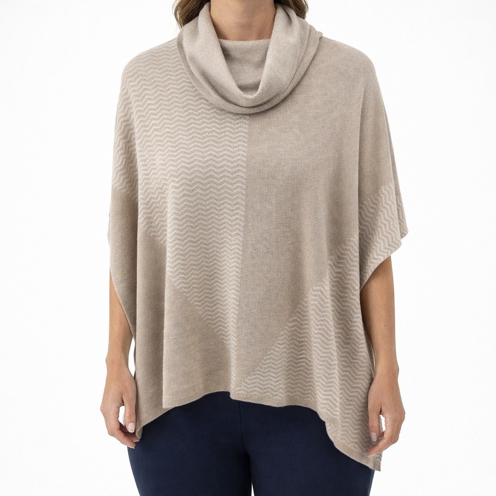 Chico's Cashmere Blend Poncho Sweater Womens M‎ L Beige Tan Chevron Cowl Neck
